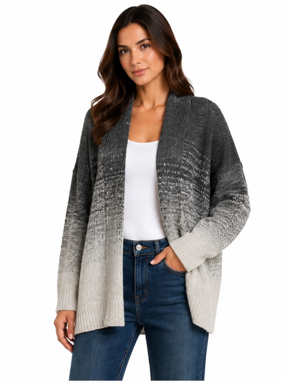 Kerisma Wool Blend Open Front Cardigan Ombre Gray Drape Sweater S/M